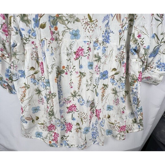 JNY Jones New York Top Womens 3X Linen Blend Floral Button Roll Tab Peasant Boho - Picture 9 of 15